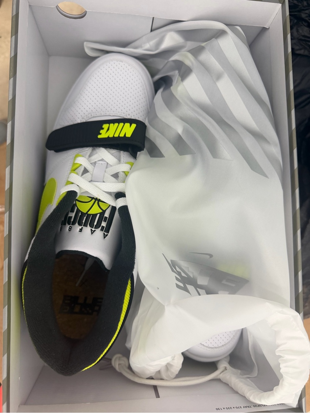 Nike White and Neon Yellow Athletic Sneakers with Black Strap
